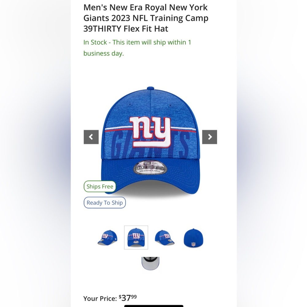 NY Giants NEW Men's New Era Royal NFL Training Camp 39THIRTY Flex Fit Hat
